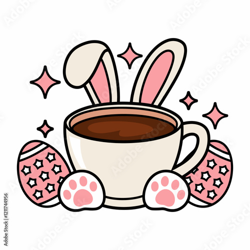 Bunny-Themed Coffee Cup with Easter Eggs Illustration