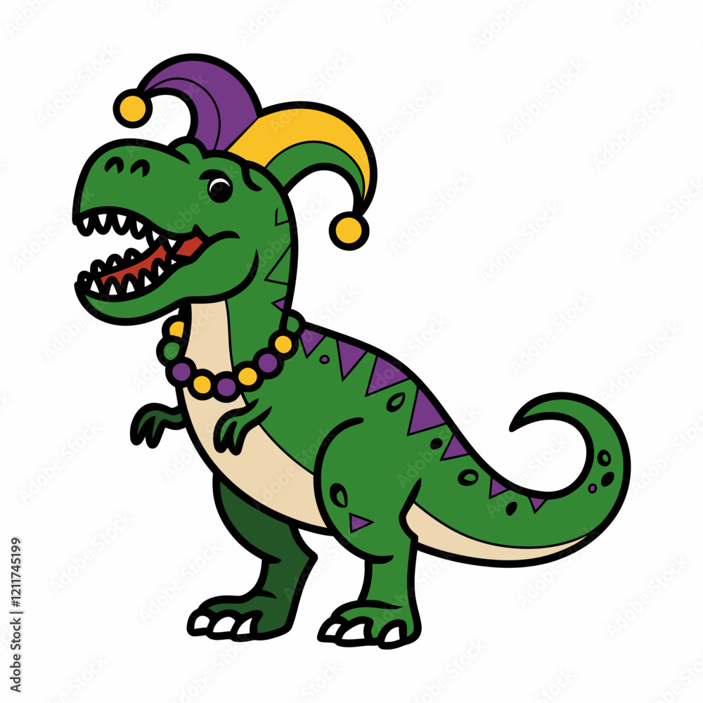 Mardi Gras Dinosaur with Jester Hat and Beads Illustration Mardi Gras Dinosaur with Jester Hat and Beads Illustration