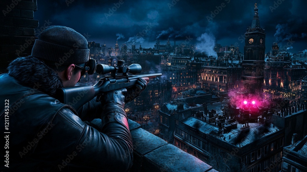 Steampunk Sniper on Rooftop Overlooking a Dystopian City with Atmospheric Smoke and Lights in a Nighttime Urban Environment Steampunk Sniper on Rooftop Overlooking a Dystopian City with Atmospheric Smoke and Lights in a Nighttime Urban Environment