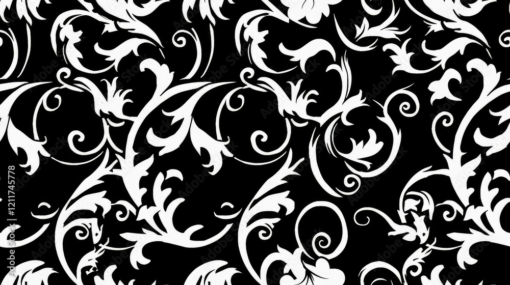 A decorative black and white floral pattern featuring intricate swirls and leaves. A decorative black and white floral pattern featuring intricate swirls and leaves.