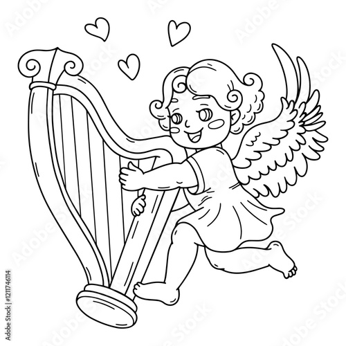 Cute outline cupid plays on harp. Cherub with curly hair and dress. Happy Valentine's day doodle character. Children's coloring book. Amour Baby Angel. God of love. Vector outline illustration.