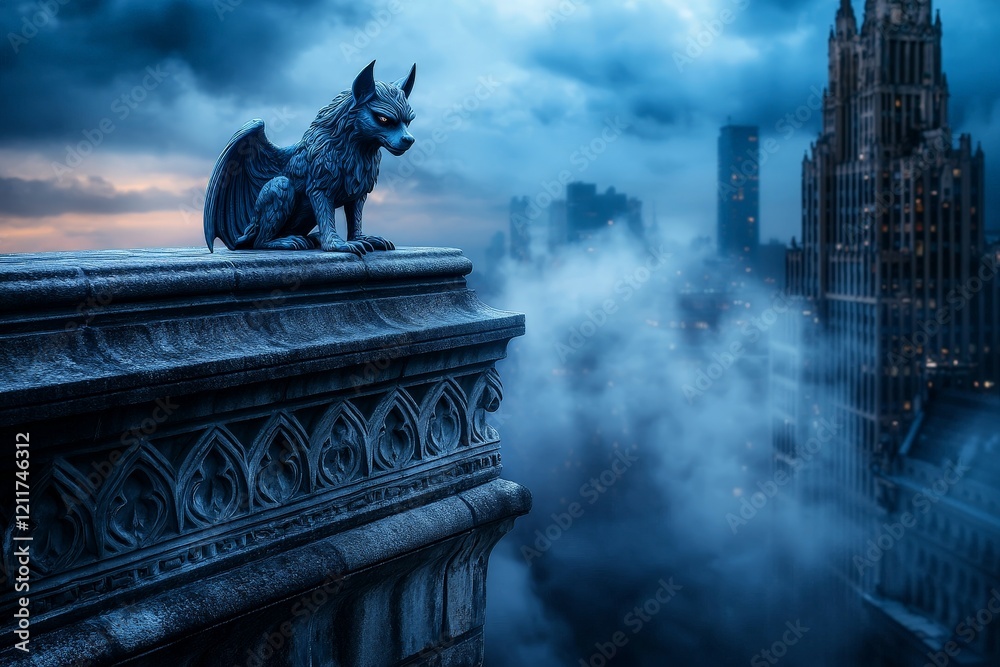 Stone Gargoyle Perched on the Edge of a Cathedral Rooftop Overlooking a Cityscape with Dramatic Clouds and Atmospheric Mood