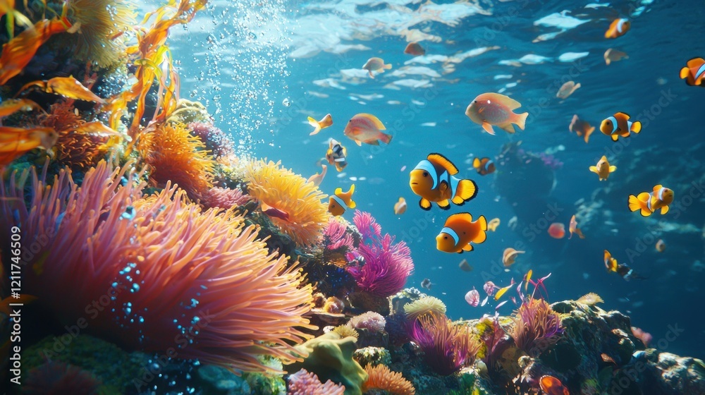 Naklejka premium Vibrant Underwater Coral Reef Scene with Colorful Fish