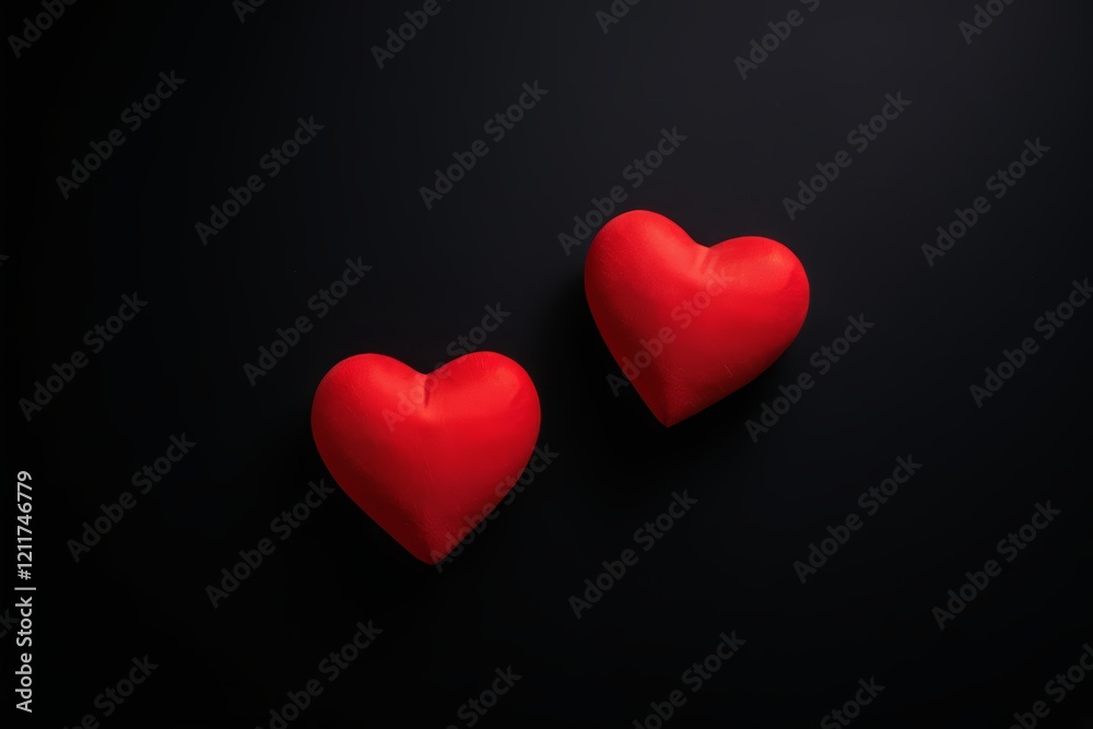 two red hearts are placed on a black surface two red hearts are placed on a black surface