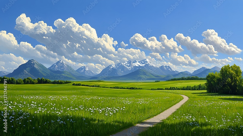 Fototapeta premium Scenic Meadow with Pathway and Majestic Mountains in Background