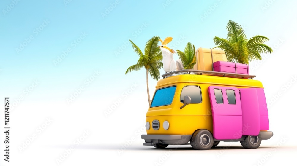 Fototapeta premium Colorful Cartoon Van with Luggage and Palms Against Blue Sky