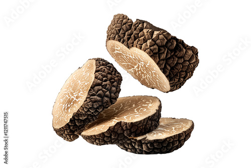 Fresh black Himalayan truffles isolated on white transparent background, great for culinary and gourmet themes. photo