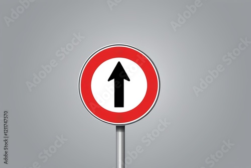 there is a red and white sign with an arrow pointing up