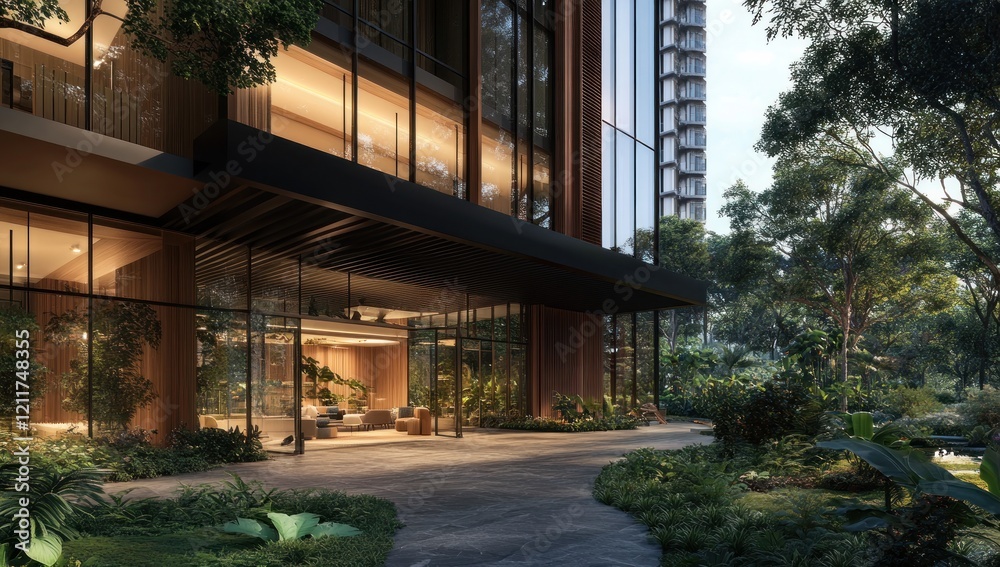 Fototapeta premium Luxurious Hotel Lobby Entrance at Dusk, Surrounded by Lush Greenery