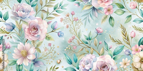 Elegant Pastel Floral Pattern A Seamless Watercolor Design Featuring Delicate Roses, Daisies, and Lush Greenery on a Soft Aqua Background