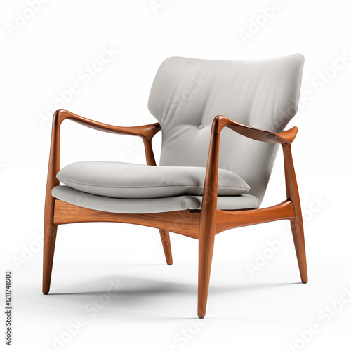 MidCentury Modern Armchair Light Grey Upholstery Wooden Legs