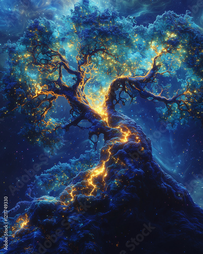 cosmic tree ablaze with golden light, rooted in the starry expanse of a mystical night sky