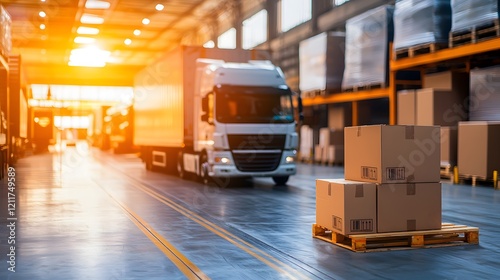 Cargo Truck in Warehouse at Sunset with Stacked Boxes on Pallet
