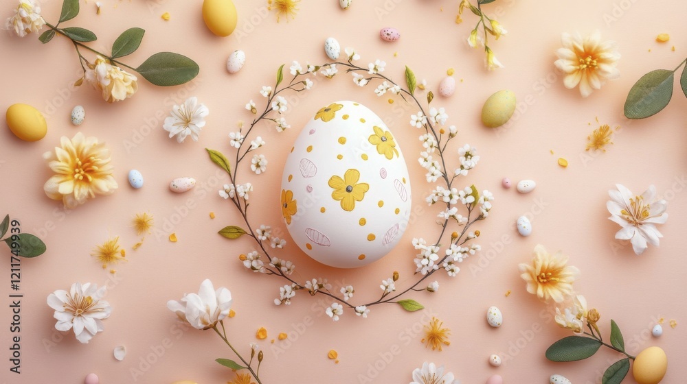 Decorative easter egg with floral pattern surrounded by spring flowers and pastel eggs Decorative easter egg with floral pattern surrounded by spring flowers and pastel eggs
