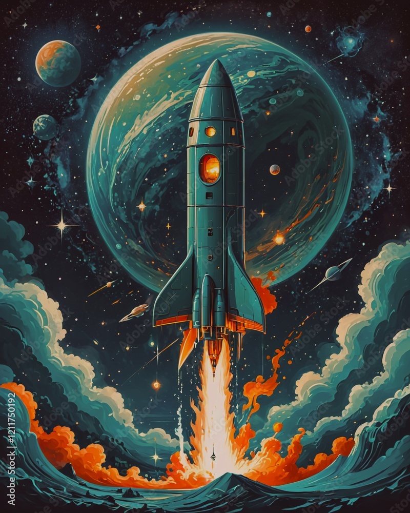 Obraz premium Space rocket launches from alien planet, sci-fi poster.