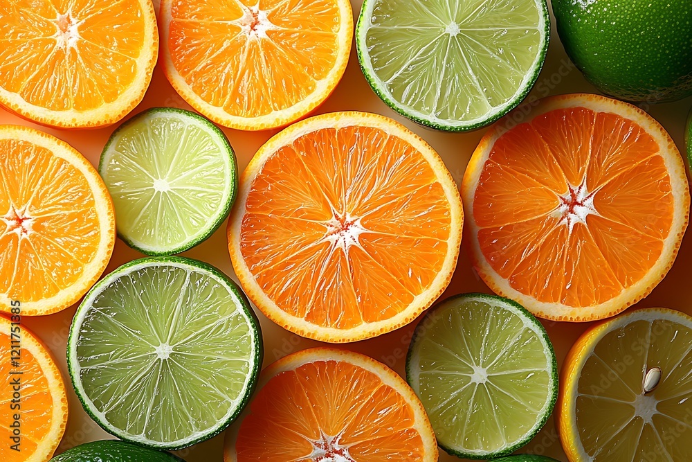 Fototapeta premium Vibrant citrus slices create a colorful fruit background. lemon and orange pattern