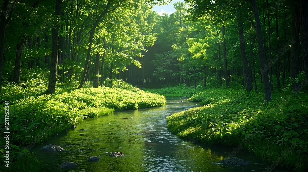 Obraz premium Lush Green Forest with Serene Stream Flowing Through Nature Scene