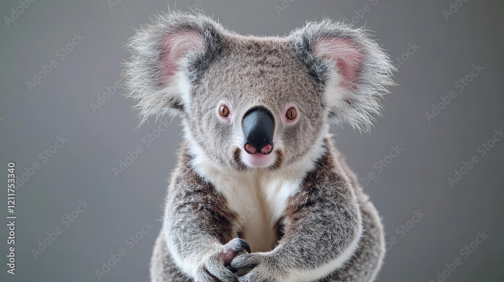Naklejka premium Cute koala looking directly at the camera against a neutral grey background in a studio portrait.