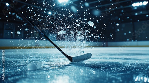 A dynamic close-up of an ice hockey stick striking the ice, sending up a spray of snow, showcasing the intensity of the game. photo