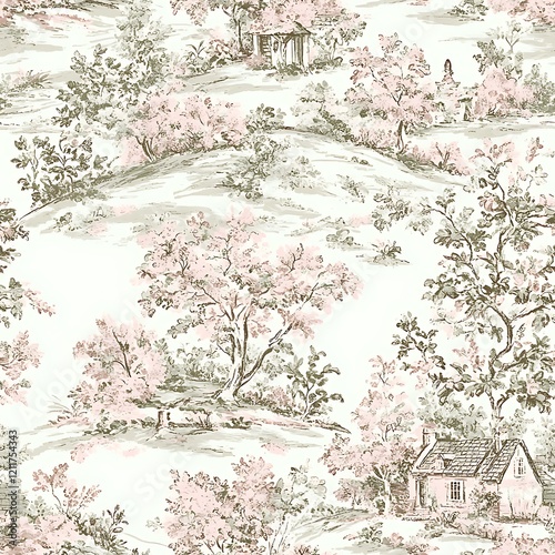 Vintage pastoral scenic toile pattern featuring charming cottages and pink flowering trees