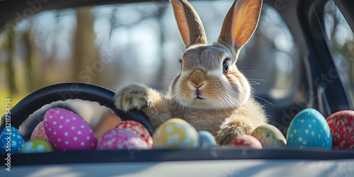 Funny Bunny Driving Car with Colorful Easter Eggs

