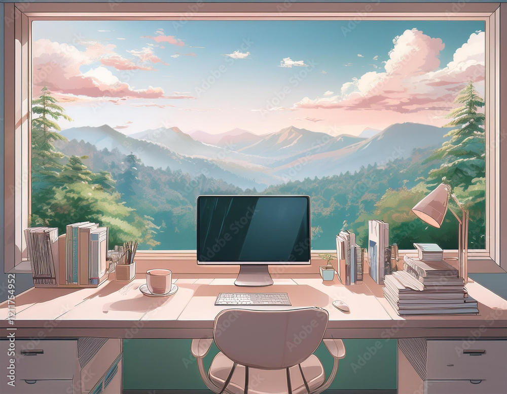 Fototapeta premium Dreamy Office with Nature Backdrop, style anime