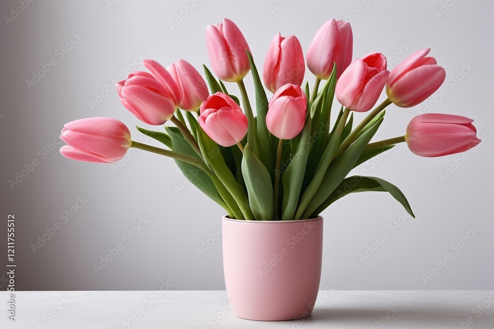 there is a pink vase with pink tulips in it there is a pink vase with pink tulips in it