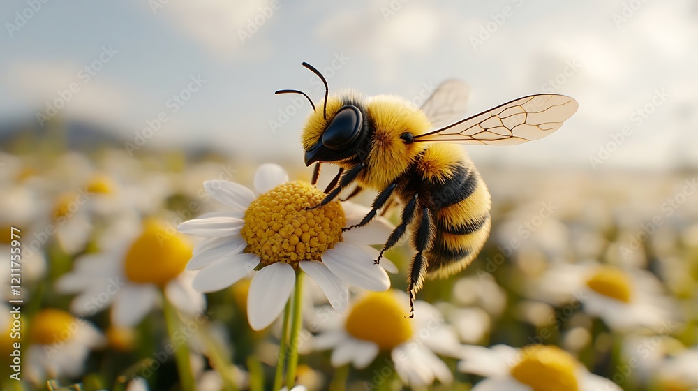 A Delightful Animated Bee Buzzing Cheerfully Around a Bright Daisy in a Vibrant Field Filled with Beautiful Flowers Under a Sunny Sky
