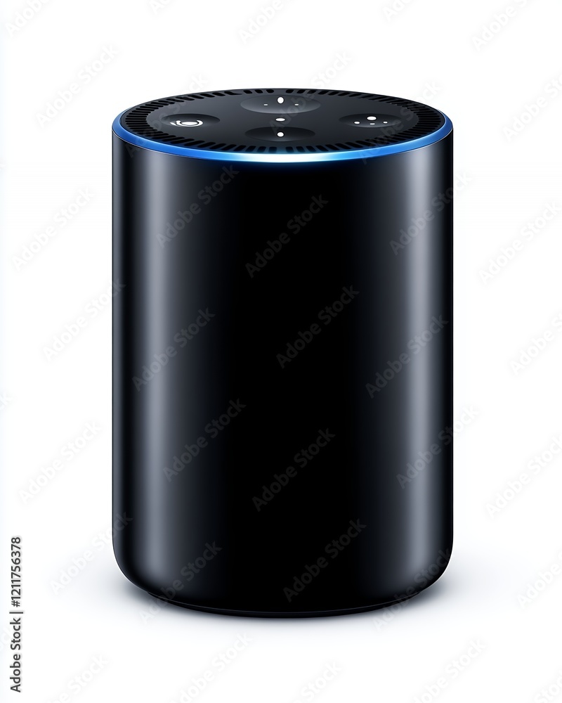 Sleek black smart speaker with glowing blue ring designed for modern home technology and minimalist aesthetics Sleek black smart speaker with glowing blue ring designed for modern home technology and minimalist aesthetics