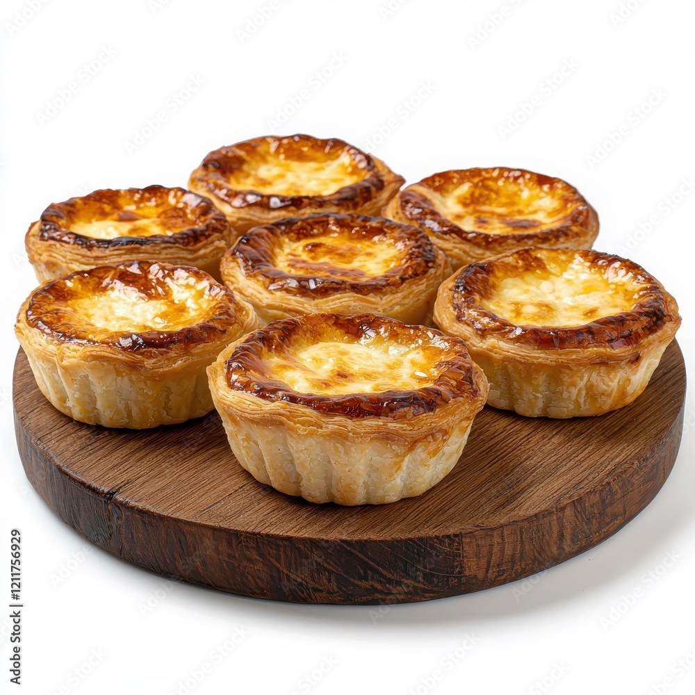 Pastel de Belem on a wooden tray, isolated on a white background, presented in a rustic style that highlights its traditional charm. Pastel de Belem on a wooden tray, isolated on a white background, presented in a rustic style that highlights its traditional charm.