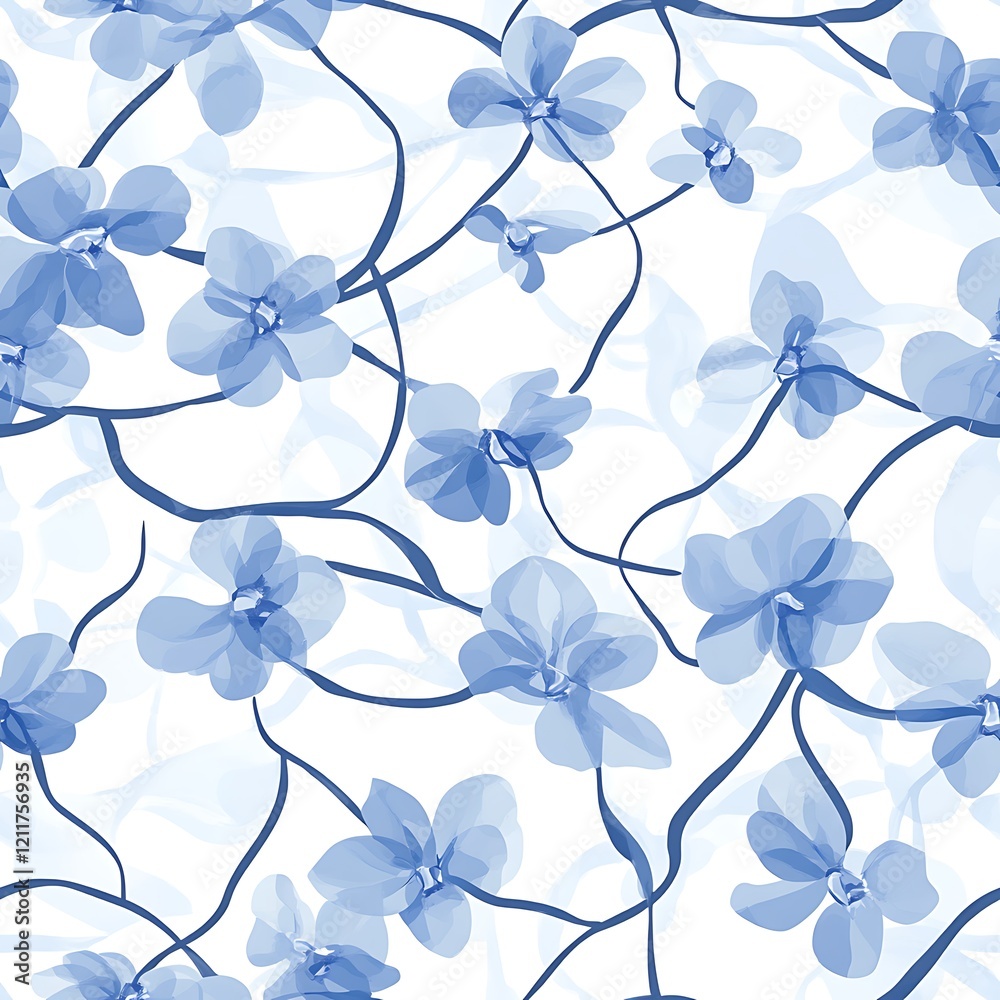 Fototapeta premium Elegant Blue Orchid Pattern on a White Background Seamless Design