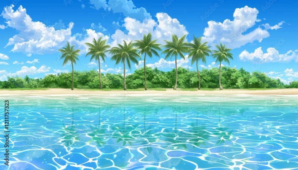 Obraz premium A serene tropical beach scene with palm trees, white sand, and crystal-clear blue water.
