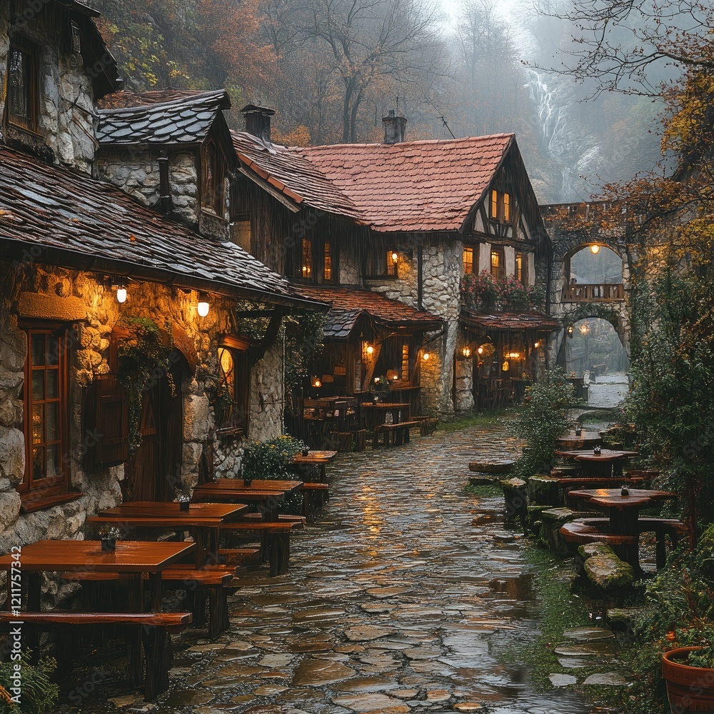 Fototapeta premium Charming stone cottage village misty mountains scenic photography tranquil environment eye-level view rustic serenity