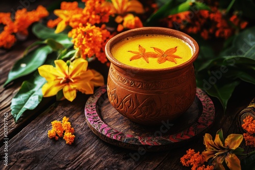 Delightful Indian mahua drink presented in a traditional clay cup adorned with vibrant flowers at a rustic setting photo