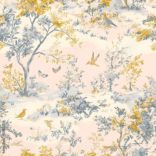 Enchanting Forest Scene with Birds and Butterflies in a Classic Toile Style