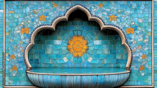 Blue mosaic fountain, ornate arch, outdoor wall, tranquil scene, design element photo