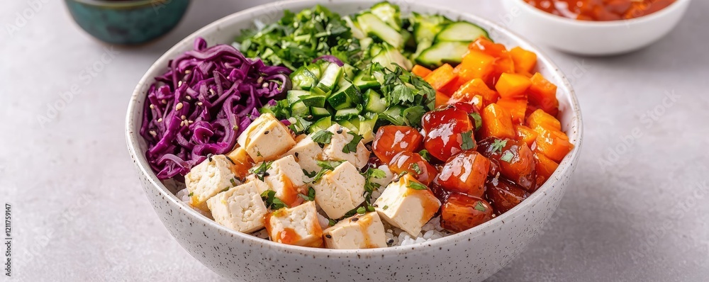 Plant based food concept. A colorful and healthy bowl filled with fresh vegetables and tofu on a neutral background.