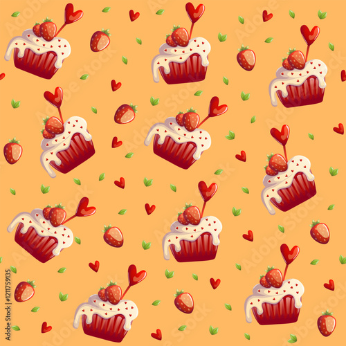 A seamless pattern featuring Red Velvet cupcakes topped with white frosting and adorable edible heart decorations. Perfect for Valentine’s Day, romantic themes, and festive designs