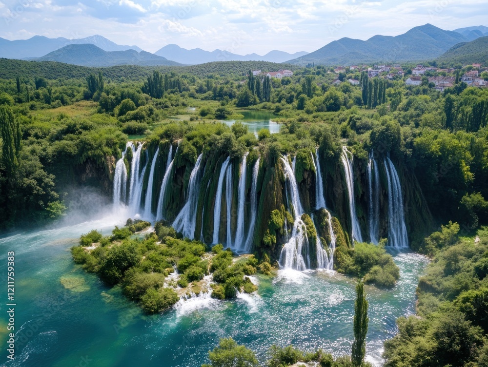 Fototapeta premium Majestic Waterfalls Cascading Through Lush Greenery with Mountain Backdrop and Turquoise Waters
