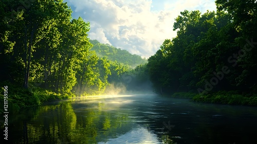 Serene Forest River Scene with Lush Greenery and Misty Water