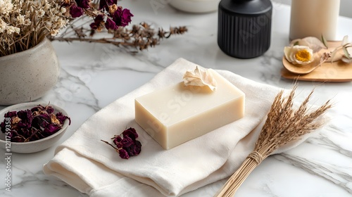 Natural Soothing Soap on Marble Surface with Dried Flowers and Decor