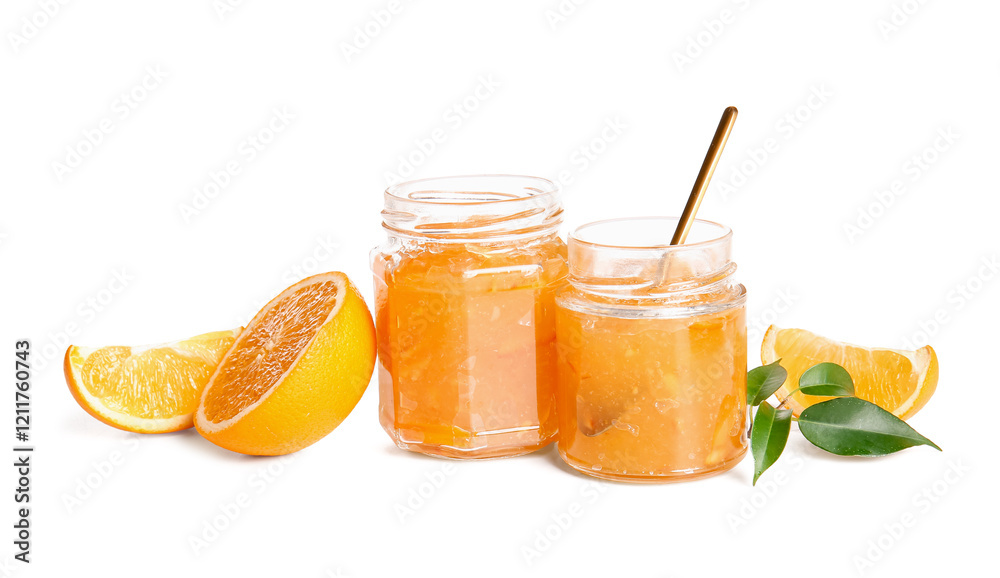 Jars of sweet orange jam and fruit on white background Jars of sweet orange jam and fruit on white background