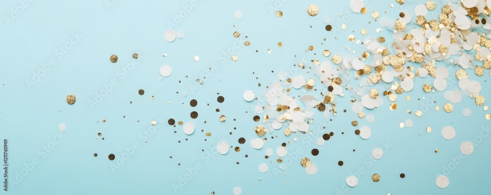 Fototapeta premium Light blue background with flying white and gold confetti, holiday, celebration background