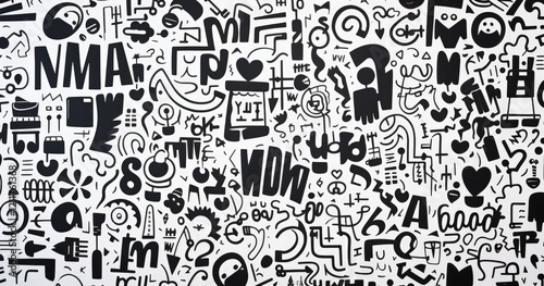 A collage of abstract black and white shapes and symbols, creating a dynamic visual pattern.