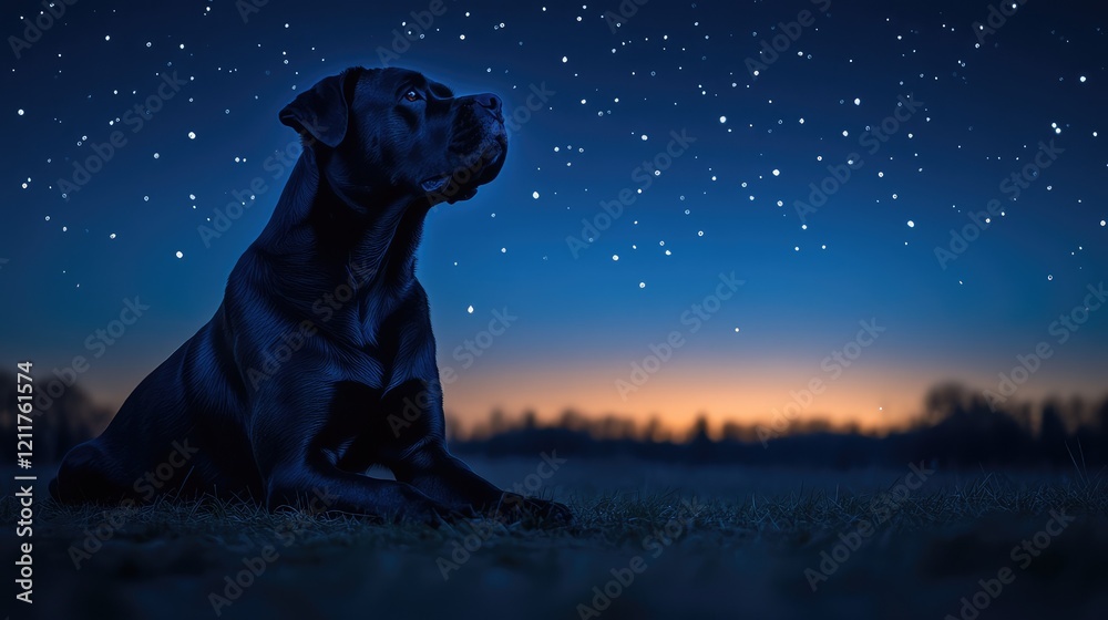 Majestic Cane Corso Mastiff Mix Dog in Long Exposure Night Portrait with Dark Background and Starry Sky Majestic Cane Corso Mastiff Mix Dog in Long Exposure Night Portrait with Dark Background and Starry Sky