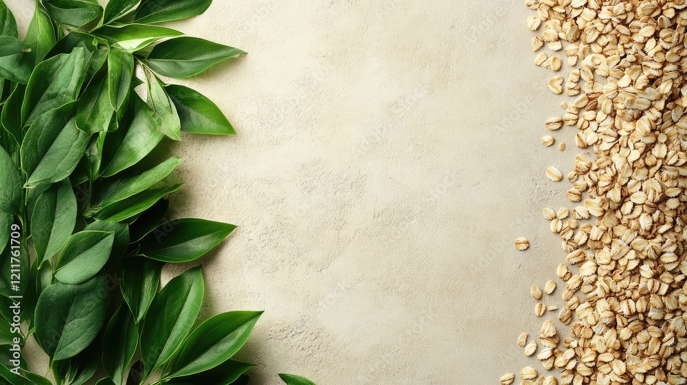 Natural Wooden Frame with Oats and Fresh Green Leaves Natural Wooden Frame with Oats and Fresh Green Leaves