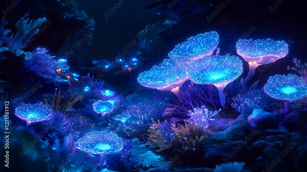 Obraz premium A radiant digital art of a glowing underwater world with coral reefs illuminated by bioluminescent organisms