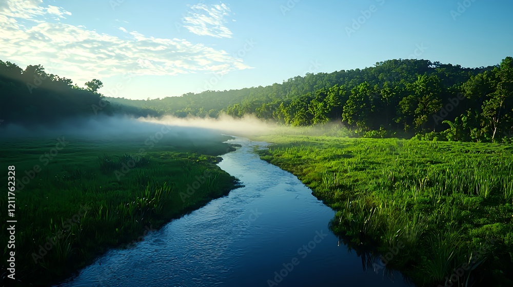 Obraz premium Serene Morning Mist Over Calm River and Verdant Landscape