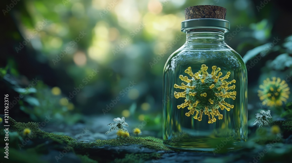 Intriguing Visual Representation of Virus Encased in Transparent Glass Bottle, Captured with High Precision for Scientific and Medical Themes Intriguing Visual Representation of Virus Encased in Transparent Glass Bottle, Captured with High Precision for Scientific and Medical Themes
