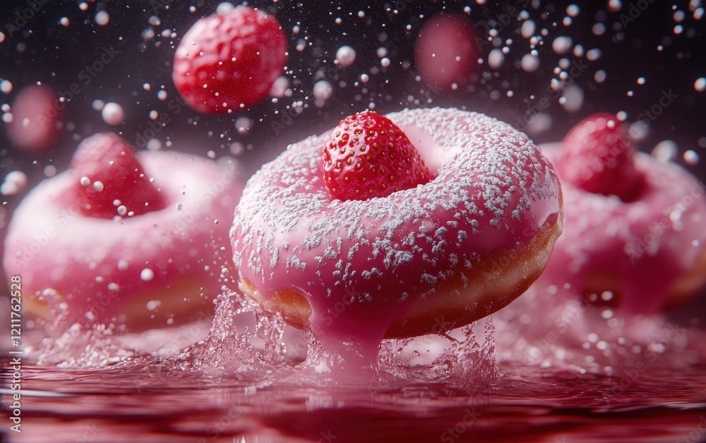 Delicious strawberry donuts splashing into pink liquid, vibrant colors, close-up shot. Perfect for food blogs, magazines, or advertising. Delicious strawberry donuts splashing into pink liquid, vibrant colors, close-up shot. Perfect for food blogs, magazines, or advertising.